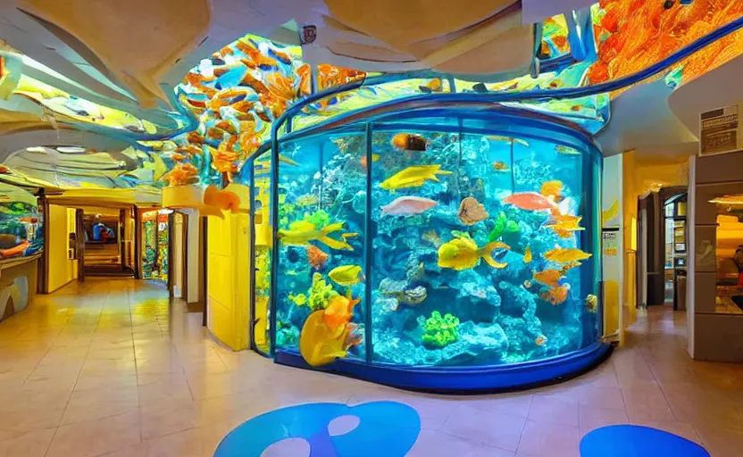 Image similar to inside a fastfood fish restaurant, fluorescent light, bright, atlantis theme, an aquarium at the wall, at the end is a giant door with stairs in front of it