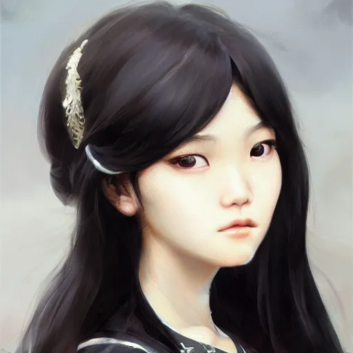 Image similar to Asian girl, watery black eyes, long wavy black hair, white veil, front closeup, highly detailed, centered, oil painting, artstation, anime painting by Cushart Krenz