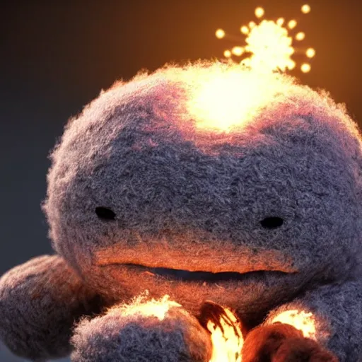 Image similar to cute fluffy sackboy cuddling a woolen earth, magical sparks flying around it in circles, 3d rendered, Ultra HD