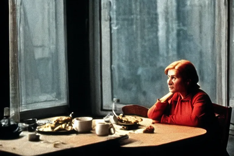 Image similar to soviet movie still a soviet woman sitting at a table next to the window with food, dark warm light, a character portrait by margarita terekhova, movie stalker solaris film still by andrei tarkovsky, 8 k, 1 9 8 4, close - up bokeh, gelios lens, color, noir