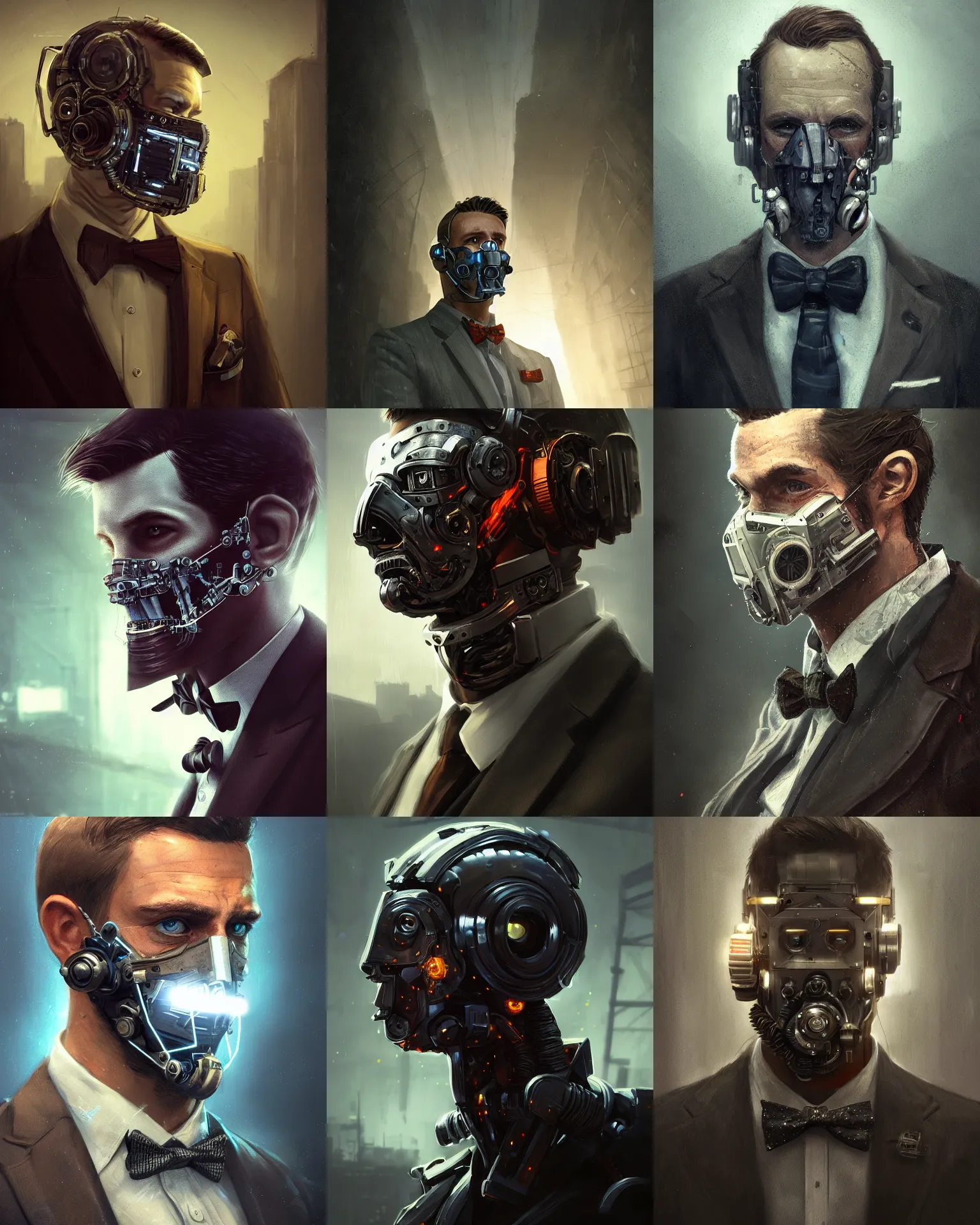 Image similar to a rugged young engineer man with cybernetic enhancements wearing a suit and bowtie, detailed face with mask, scifi character portrait by greg rutkowski, esuthio, craig mullins, 1 / 4 headshot, cinematic lighting, dystopian scifi gear, gloomy, profile picture, mechanical, half robot, implants, steampunk