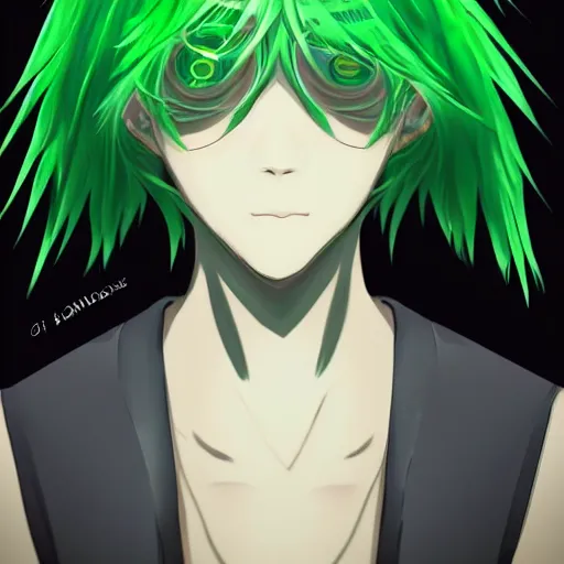 Image similar to portrait of a man with green hair, with eyes that look like a clock, anime style, trending on artstation