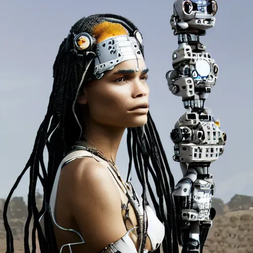 Prompt: beautiful Fine art photo of enraptured Zoe Kravitz as a solarpunk robotic goddess, white mechanical parts with led lights, photorealistic, centered, highly detailed and intricate, sun lighting, 8k