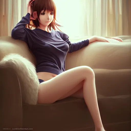 Image similar to beautiful serene intricate portrait of a realistic anime woman, smiling softly, wearing casual clothes, relaxing on the couch, interior lighting, cozy living room interior, soft focus, 8 k, art by irakli nadar, hyperrealism, hyperdetailed, ultra realistic