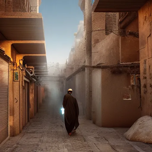 Prompt: old jeddah city alley, roshan, old shops, horse, magical glowing sand gateway to another dimension, a man wearing a white robe standing watching over, dramatic lighting, dawn, by caspar david friedrich by beeple and james gilleard and justin gerard, centered, artstation, smooth, sharp focus, photoreal octane render, 3 d, by jean baptiste monge