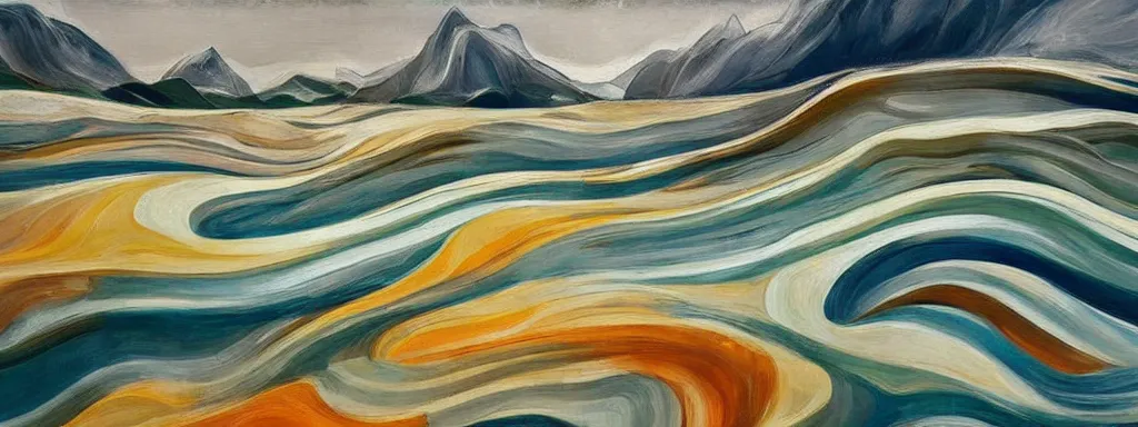 Prompt: An insane, modernist landscape painting. Wild energy patterns rippling in all directions. Curves, organic, zig-zags. Mountains, clouds. Rushing water.