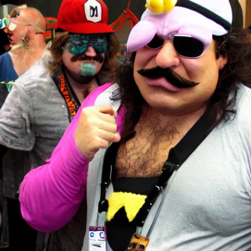 Prompt: Full-Cosplay Wario, played by Ron Jeremy, 2011 Comic-Con, blog-photo
