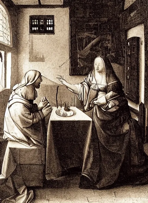 Prompt: a candlelit table at the inn, evening, dark room, two people sitting at the table, swirling smoke, dark smoke, realistic, in the style of leonardo da vinci, dutch golden age, amsterdam, medieval painting by jan van eyck, johannes vermeer, florence