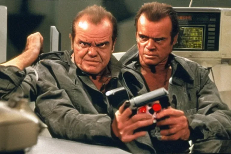 Image similar to Jack Nicholson as Terminator is playing Pokemon on gameboy