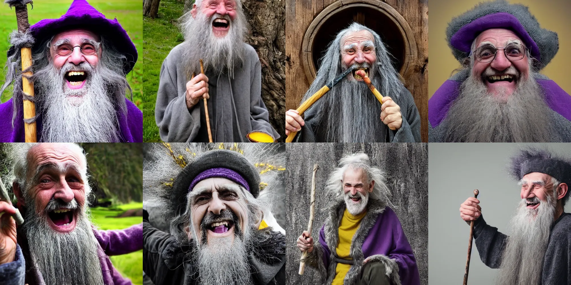 Prompt: A crazy old druid wizard, bald, bushy grey eyebrows, long grey hair, disheveled, wise old man, wearing a grey wizard hat, wearing a purple detailed coat, a bushy grey beard, yellow skin, holding a large wooden staff, sorcerer, he is a mad old man, laughing and yelling