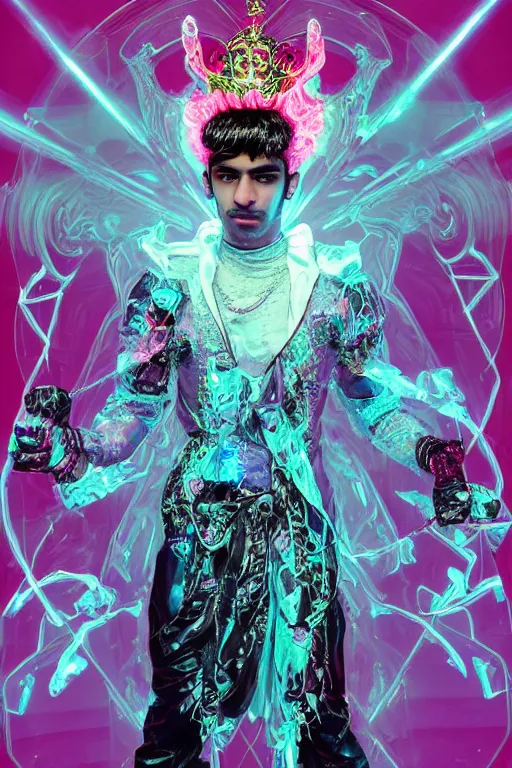 Image similar to photo of full-body rococo and cyberpunk delicate neon crystalline sculpture of ((handsome muscular onyx prince Zayn Malik)) as an blue iridescent humanoid deity wearing ((peach plastic hooded cloak)) (holding an onyx skull) in a onyx castle dungeon, reclining, glowing pink face, crown of (pink lasers), large blue diamonds, swirling black silk fabric. futuristic elements. oozing glowing liquid, full-length view. space robots. intricate artwork by caravaggio. Trending on artstation, octane render, cinematic lighting from the right, hyper realism, photorealistic, octane render, 8k, depth of field, 3D