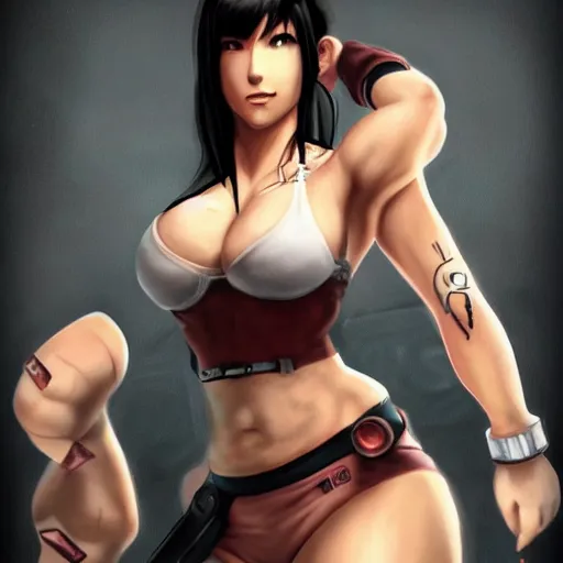 Image similar to high quality art of tifa lockhart with tattoos, flexing, trending on artstation