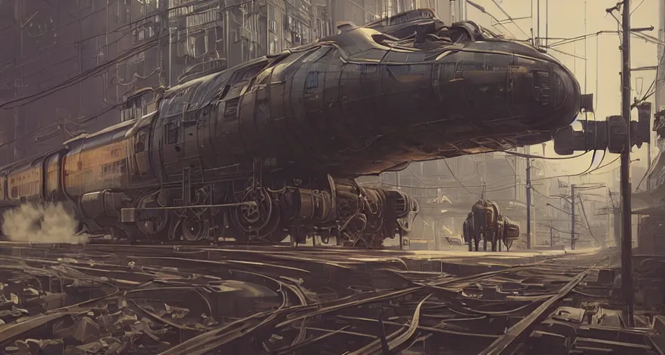 Image similar to a highly detailed epic cinematic concept art CG render digital painting artwork scene: retrofuturistic 1920s cyberpunk steampunk bullet train emitting smoke. By Greg Rutkowski, Ilya Kuvshinov, WLOP, Stanley Artgerm Lau, Ruan Jia and Fenghua Zhong, trending on ArtStation, made in Maya, Blender and Photoshop, octane render, excellent composition, cinematic dystopian brutalist atmosphere, dynamic dramatic cinematic lighting, aesthetic, very inspirational, arthouse