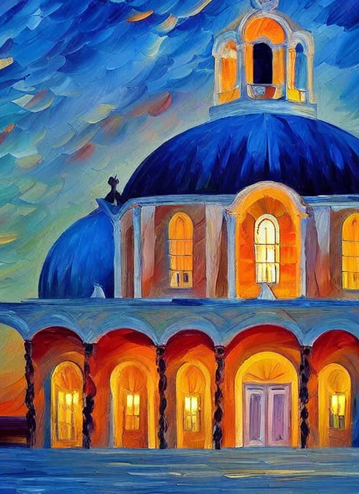 Image similar to beautiful seaside greek chapel at sunset in the style of leonid afremov