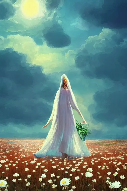 Image similar to giant white daisy flowers as head veil, girl walking in a flower field, surreal photography, sunrise, dramatic light, impressionist painting, colorful clouds, digital painting, artstation, simon stalenhag