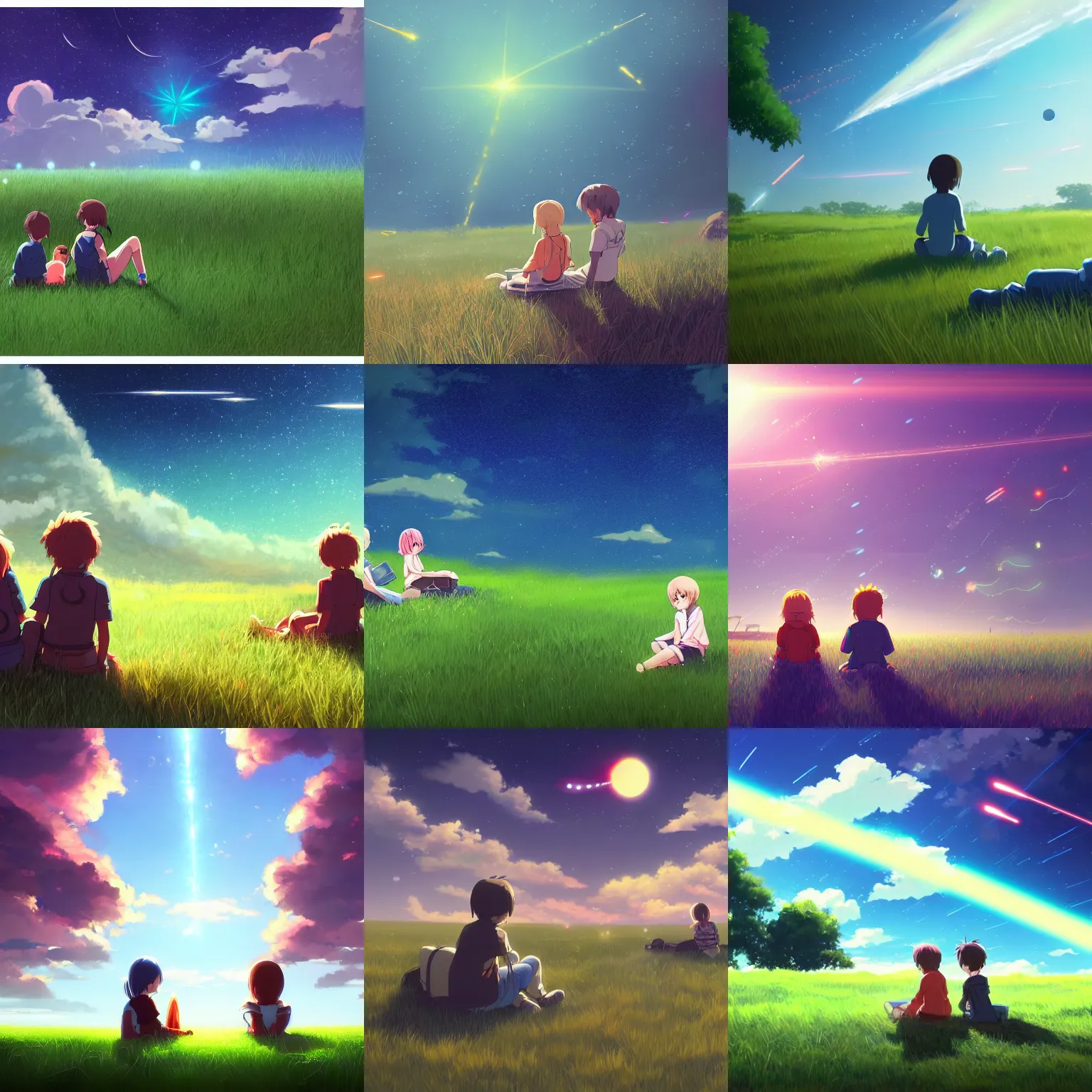 Prompt: beautiful, detailed digital painting of two children sitting on a grass field looking at a sky filled with spaceships shooting many bright lasers, anime by Makoto Shinkai, trending on artstation