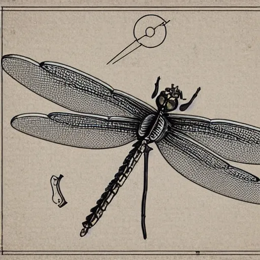 Image similar to blueprint of a detailed mechanical dragonfly - victorian style - steampunk