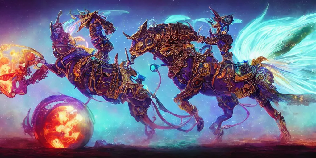 Image similar to cosmic steampunk opal mechanical horse, character design sheet, monster hunter illustrations art book, iridescent, blue flame, neon lights, armored, moebius, greg rutkowski, zabrocki, karlkka, jayison devadas, phuoc quan, trending on artstation, 8 k, ultra wide angle, zenith view, pincushion lens effect.