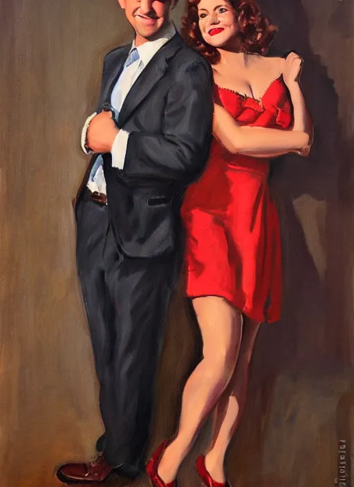 Prompt: portrait painting of jim halpert and pam beesly, dark background, in the style of gil elvgren