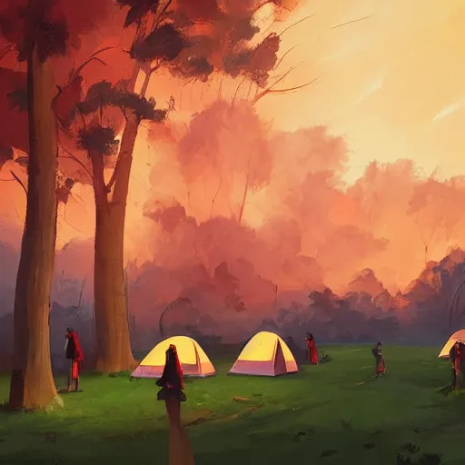 Image similar to a camp with tents on fire, burning down, shadows of girls watching the camp burn, painted by Sylvain Sarrailh