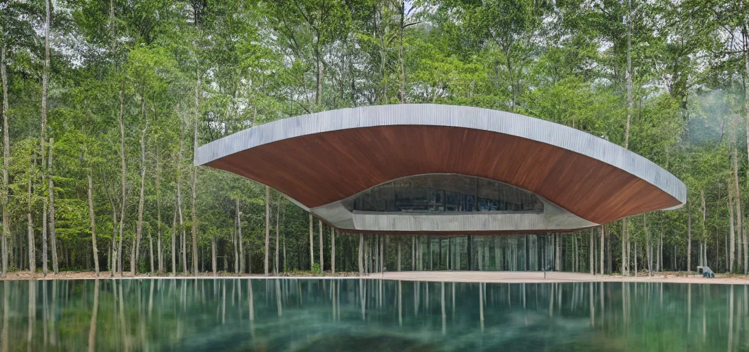 Image similar to curved roof planes lift and descend creating shade and architectural expression, highly detailed, situated in the forest, next to a highly reflective lake, marble, vivid color, high resolution photography, mist, luxury