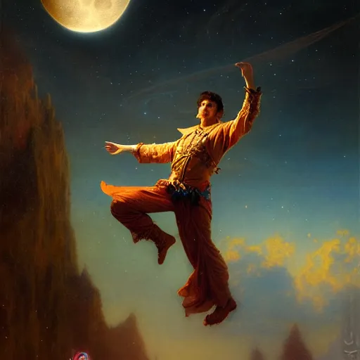 Image similar to attractive male wizard magically floating and flying high in the night sky, fantasy, full moon in background. highly detailed painting by gaston bussiere, craig mullins, j. c. leyendecker, mid shot, 8 k