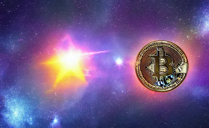 Image similar to bitcoin star explosion, space, volumetric light, 4 k, stars