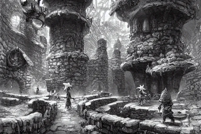 Image similar to black and white one point perspective dungeon cozy fantasy dungeon The mushroom adventurer Fira and their plain conference of trolls are hiding in the ancient stable. artgerm and Craig Mullins, James Jean, Andrey Ryabovichev, Mark Simonetti and Peter Morbacher 16k