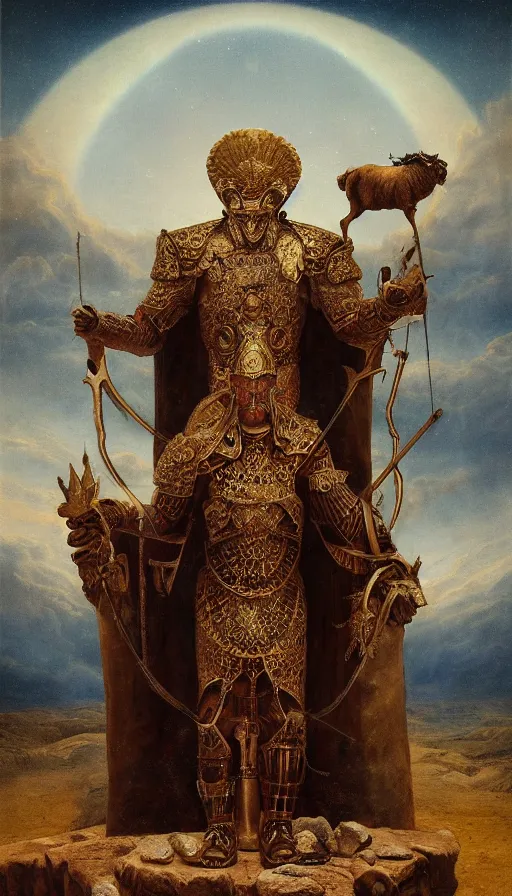 Image similar to the emperor with the head of a ram wearing full body armor, at the top of a barren mountain, golden taurus, mars energy, ankh, wisdom, full body shot, sitting on a stone throne, agostino arrivabene