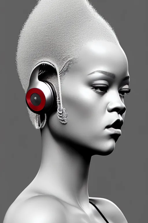 Prompt: complex 3d render ultra detailed of a beautiful porcelain profile rihanna face with headphones by beats by dre, biomechanical cyborg, analog, 150 mm lens, beautiful natural soft rim light, big leaves and stems, roots, fine foliage lace, silver dechroic details, massai warrior, Alexander Mcqueen high fashion haute couture, pearl earring, art nouveau fashion embroidered, steampunk, intricate details, mesh wire, mandelbrot fractal, anatomical, facial muscles, cable wires, microchip, elegant, hyper realistic, ultra detailed, octane render, H.R. Giger style, volumetric lighting, 8k post-production