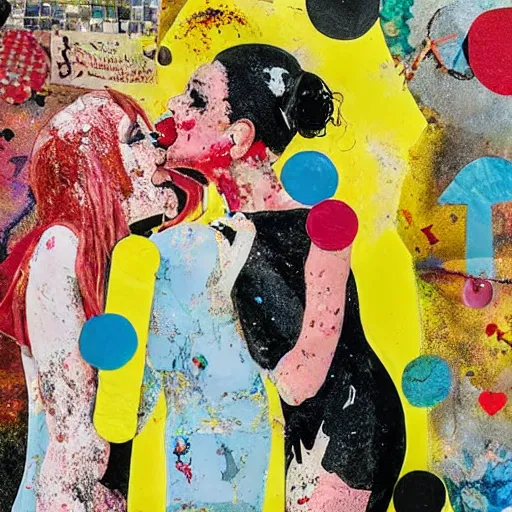 Image similar to two dream women kissing at a carnival made of love, mixed media collage, retro, paper collage, magazine collage, acrylic paint splatters, bauhaus, abstract claymation, layered paper art, sapphic visual poetry expressing the utmost of desires by jackson pollock