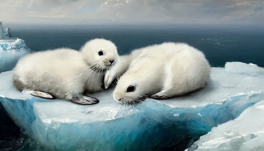 Image similar to highly detailed painting of cute furry white baby seal rabbits cuddling into each other on a blue and white iceberg by william turner, by greg rutkowski, by william constable, thick brush strokes and visible paint layers, 4 k resolution