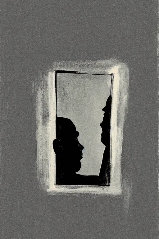 Image similar to man looking at his reflection in the mirror, 1960’s minimalist advertising illustration, painterly, expressive brush strokes