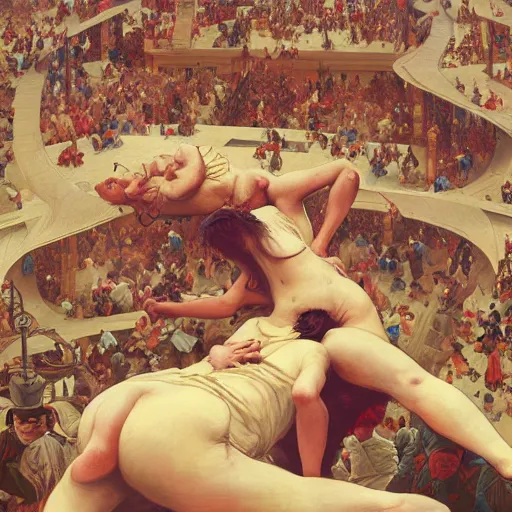 Image similar to hundreds of humans climbing on each other creating incredible surrealistic structures, highly detailed, digital painting, matte, sharp focus, art by wlop, greg rutkowski, alphonse mucha, frank frzetta, boris vallejo, bouguereau, beksinski, cinematic, octane render