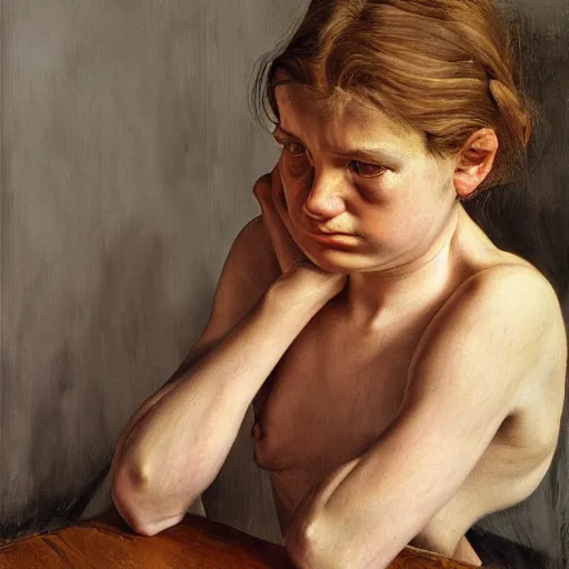 Prompt: high quality high detail painting by lucian freud, hd, portrait of a girl looking at the distance with despair, photorealistic lighting