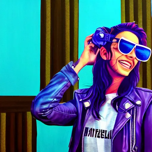 Image similar to closeup painting of a very beautiful young mexican cyberpunk woman with a smile, wearing light blue shutter shades, slatted shades, and a purple coloured leather jacket, one side haircut, long brown hair with light blue ends, portrait, hyperdetailed, artstation, cgsociety, synthwave by tangerine dream, by jean - michel jarre, by vangelis, by john carpenter
