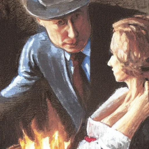 Image similar to vladimir putin in a waistcoat staring at a log fire jelious girlfriend, 1 5 0 mm lighting effect