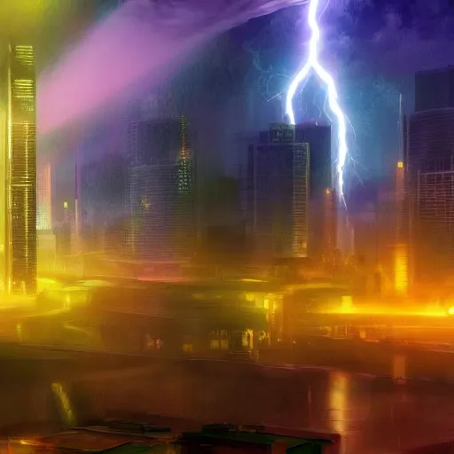 Prompt: cityscape during a lightning storm, colorful, futuristic, 8k, dramatic lighting, realistic, professional, concept art, artstation hd, trending on social media,