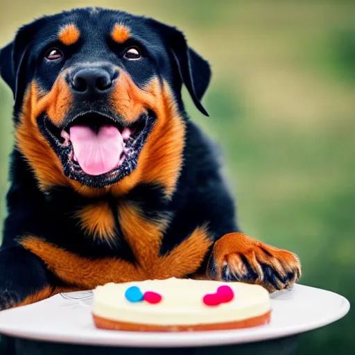 Prompt: a high - quality photo of a cute rottweiler with a half - eaten birthday cake, 4 5 mm, f 3. 5, sharpened, iso 2 0 0, raw