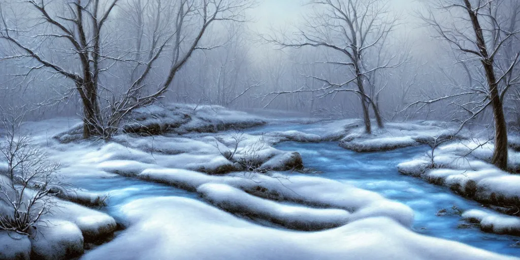 Image similar to a painting of a winter scene with a stream, an airbrush painting by terry redlin, deviantart, fantasy art, oil on canvas, airbrush art, matte painting