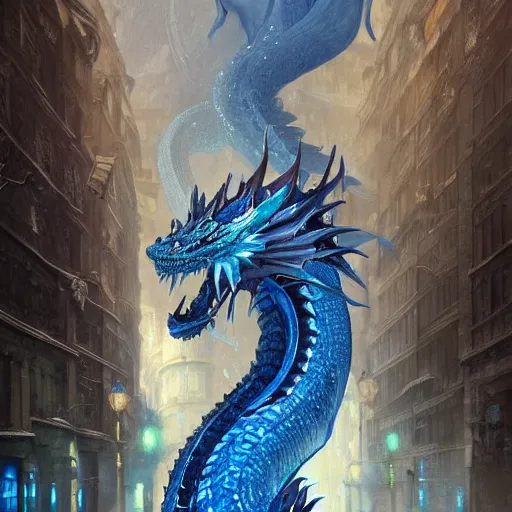 Image similar to An epic scene of a beautiful blue dragon on the snowy streets of the mythical city made of water and ice, reflections, sparkle, a fantasy digital painting, artstation, concept art, sharp focus, illustration, art by greg rutkowski and alphonse mucha, hyperdetailed, 8k