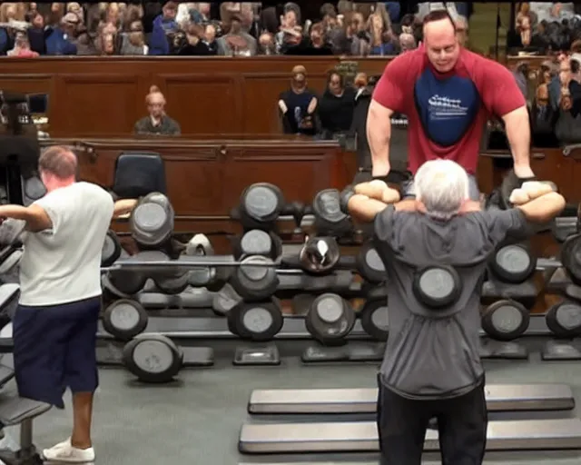 Image similar to bernie sanders bench-pressing 200 lb weights in senate chambers