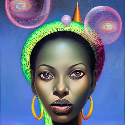 Image similar to an african queen in a surreal portrait style with glowing bubbles of light in the background by Afarin Sajedi, oil on canvas