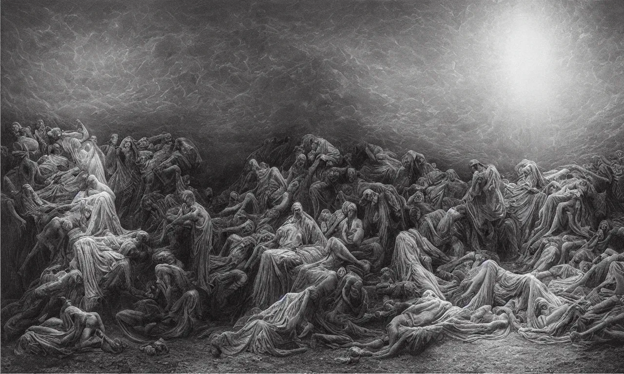 Prompt: mortal contemplations is a vision based on a meditative moment of self - reflection on the condition of being subject to death, inspired by the pandemic's forced collective confrontation of mortality on a global scale, oil painting by gustave dore,