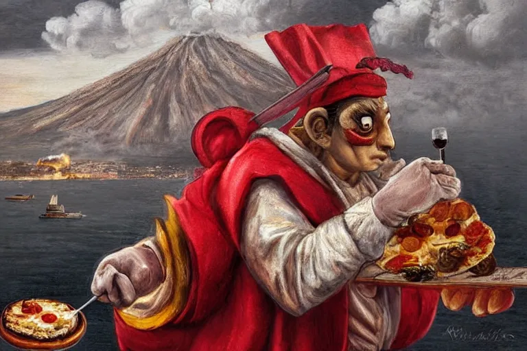 Image similar to a highly detailed pulcinella!!! from naples with pizza in foreground, volcano in the background with smoke, fire and lava, full body, wide angle, an ultrafine detailed painting by rivorio mok, post - apocalyptic vibe, trending on deviantart, whimsical, lowbrow, perfect symmetrical face, sharp focus, octane, masterpiece