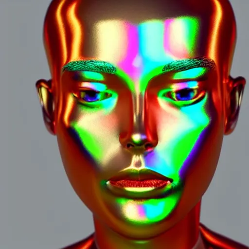 Image similar to 3d render of holographic human robotic head made of glossy iridescent, surrealistic 3d illustration of a human face non-binary, non binary model, 3d model human, cryengine, made of holographic texture, holographic material, holographic rainbow, concept of cyborg and artificial intelligence