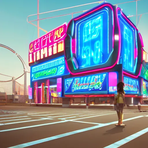 Prompt: giant neon pachinko machine by Hiroshi Nagai, octane render, volumetric lighting