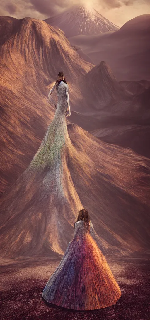 Prompt: a beautiful hyperrealistic ultradetailed 3D render girl in a magnificent dress stands near a volcano, voge photo, fashion style, Annie Leibovitz photostyle, octane render, 3D, brilliantly colored, intricate, wide angle, volumetric lighting, polished, path tracing