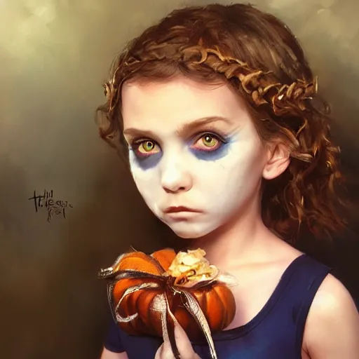 Prompt: a little girl with short wavy curly light brown hair and blue eyes in the most amazing children's halloween costume. painting by artgerm and greg rutkowski.