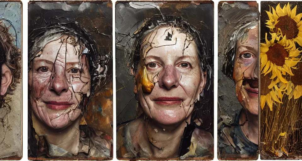 Image similar to a triptych of close up portraits of a very ordinary middle-aged woman with a smiling expression, Anselm Kiefer and Lucian Freud and Jenny Saville, tintype, oil painting, rust, Scaffolding, rusted metal and sunflowers, iron cladding, decay, mixed media, textured, anatomically correct, beautiful perfect face, visible brushstrokes, sharp focus, twisted electrical wire, Highly Detailed, nails, photographic emulsion cracked and peeling, Cinematic Lighting, 8k, HD